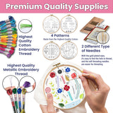 Moni Crafts Embroidery Kit for Beginners – DIY Hand Embroidery Set for Adults and Kids with 4 Stamped Patterns, Hoop, Threads, Needles and Step-by-Step Stitch Guide to Learn 33 Stitches Moni Crafts
