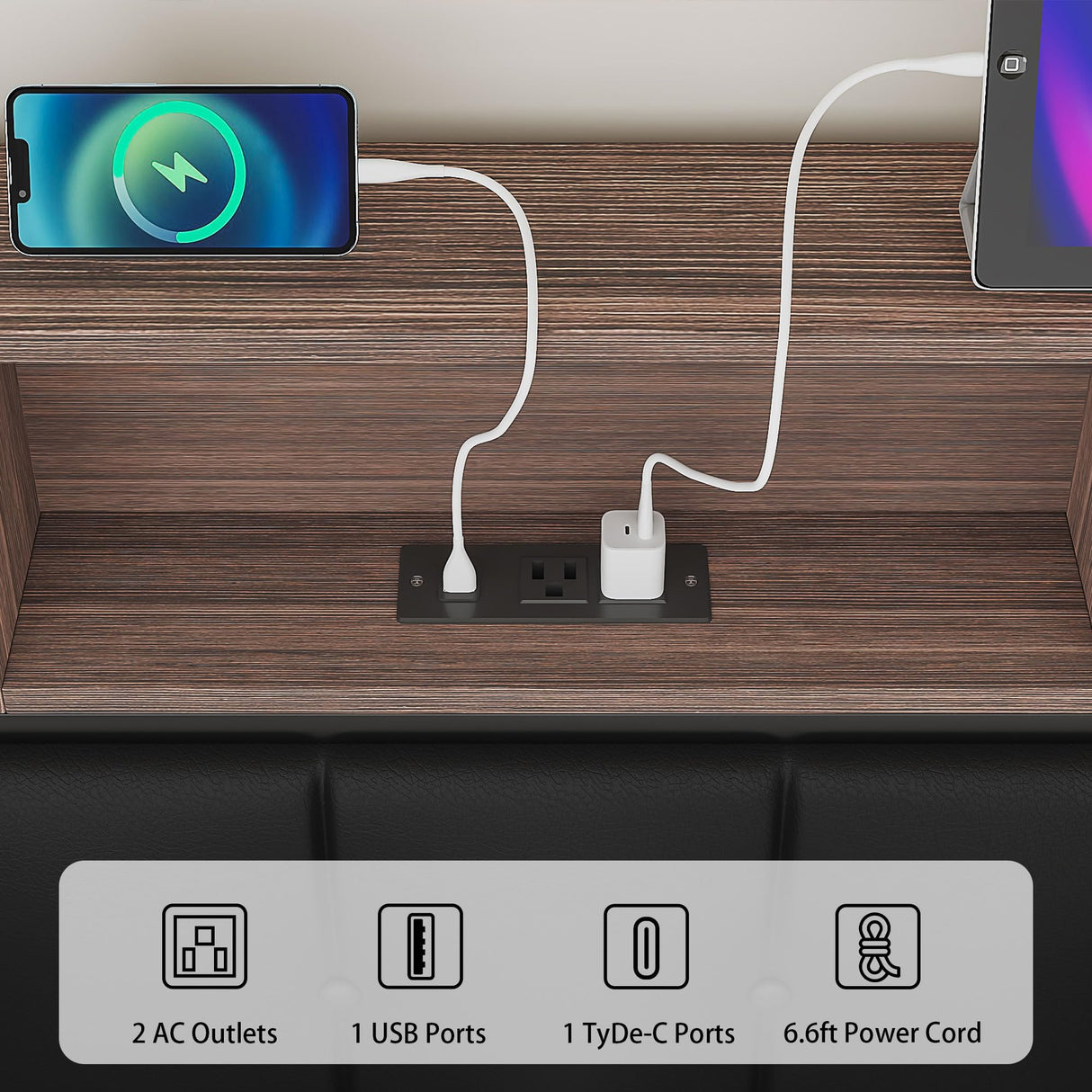 VECELO Farmhouse Metal Bed Frame Full Size with Wooden Headboard & Footboard, Solid Platform Mattress Foundation with Storage, LED Light, Charging Station, USB Ports, Noise-Free, Easy Assembly, Black VECELO