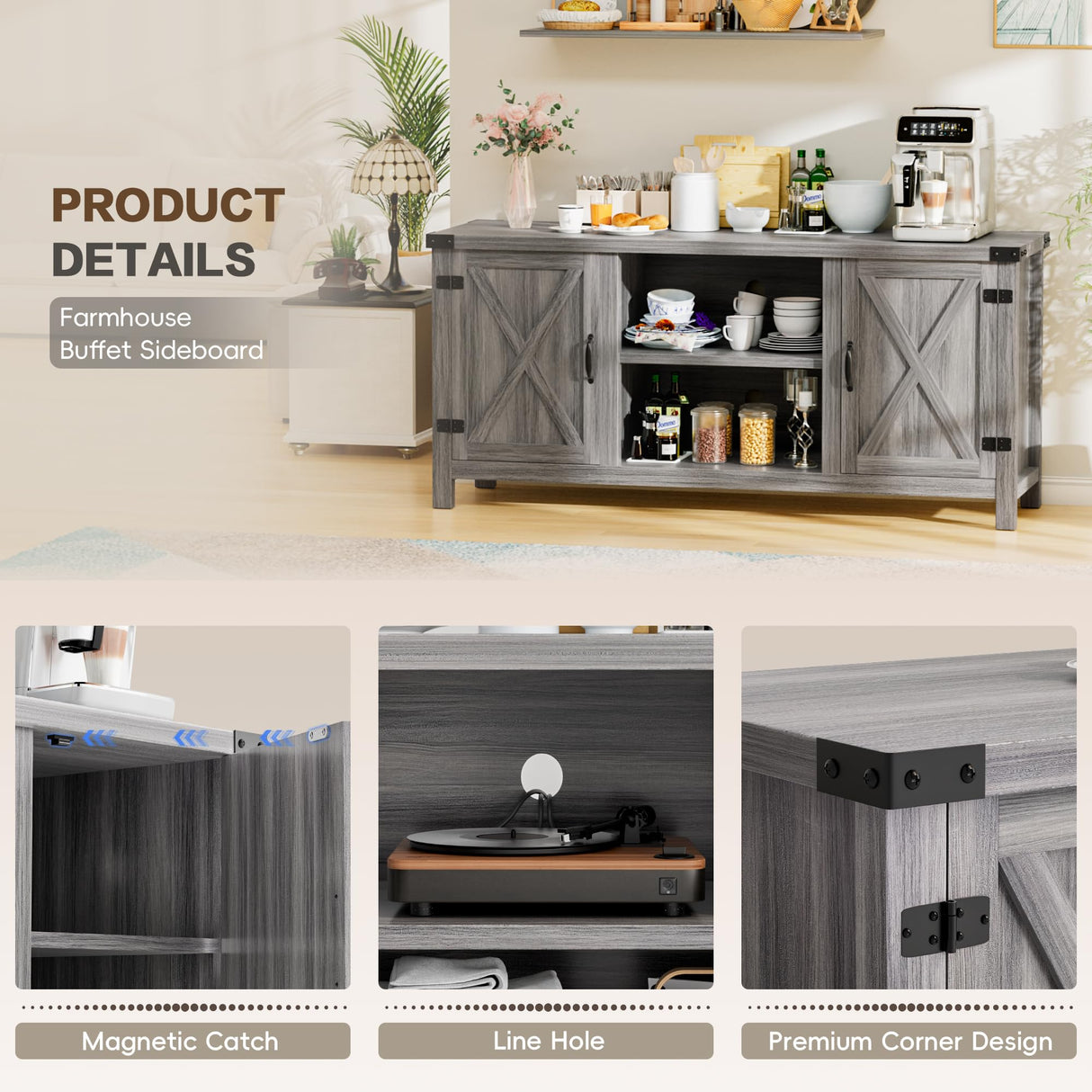 YESHOMY Farmhouse Buffet & Sideboard, 58" Kitchen Storage Cabinet with Adjustable Shelves & Doors, Wood Coffee Bar for Living Room, Entryway, Gray Washed YESHOMY