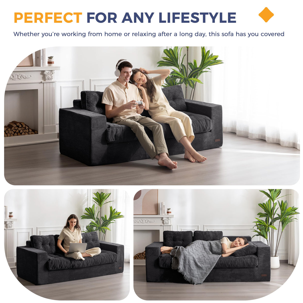 MAXYOYO 3 Seater Couch for Living Room, Boneless Couch with Tufted Cushion & Backrest, Upholstered Floor Sofa, Sofa in A Box, Black MAXYOYO