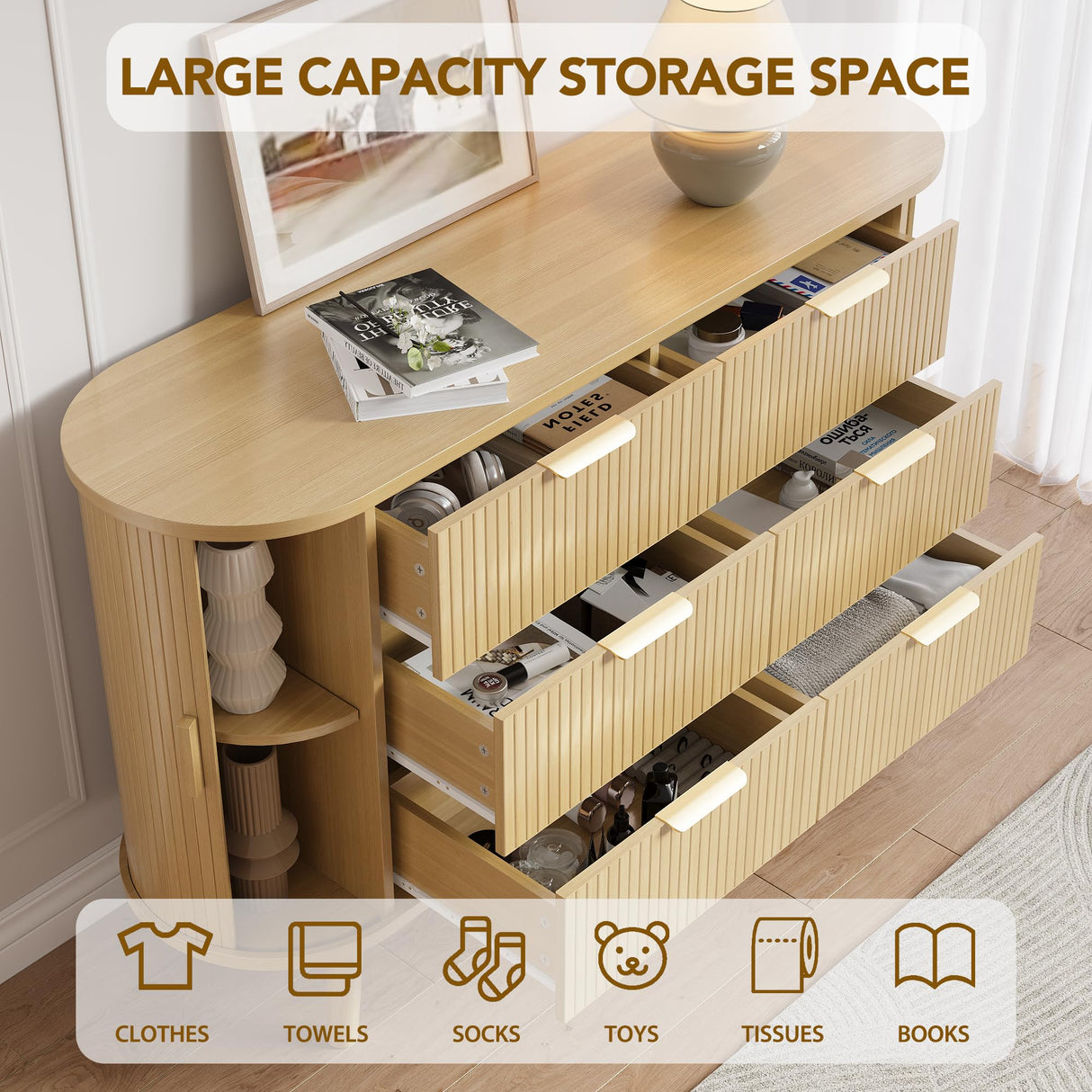 Decofy Fluted 6 Drawers Dresser, 55'' Wide Mid Century Modern Chest of Drawers with Sliding Door & Metal Handles, Curved Profile & Sturdy Legs, Wood TV Stand for Bedroom, Living Room (Natural Oak) Decofy