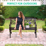 FDW Outdoor 50 Inches Garden Bench, Slatted Seat Armrests Floral Design Backres and Arch Legs, Perfect for Park, Yard, Porch, Lawn, Balcony, Backyard, Black FDW