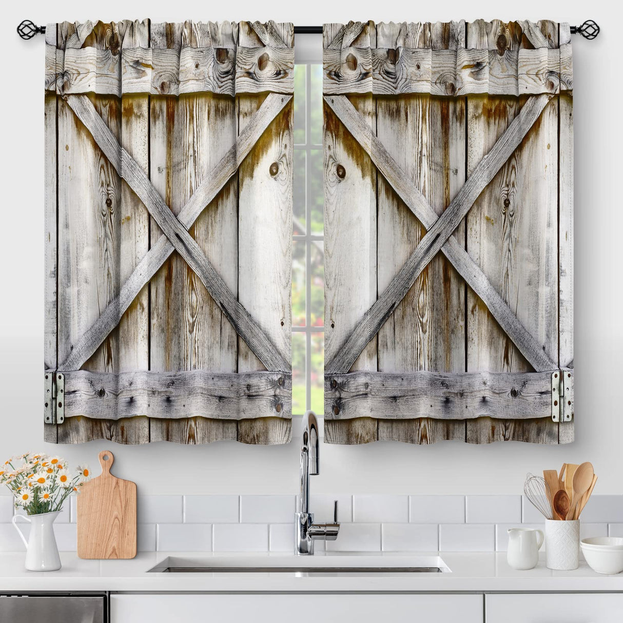 Aimego Farmhouse Country Wood Kitchen Curtains - Wooden Barn Door Vintage Short Tier Curtains Over Sink Natural Rustic Farm Decor Rod Pocket Window, image size:1214x1214