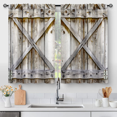 Aimego Farmhouse Country Wood Kitchen Curtains - Wooden Barn Door Vintage Short Tier Curtains Over Sink Natural Rustic Farm Decor Rod Pocket Window Drapes 45 Inch Length 2 Panel Set, 28"x45" Aimego