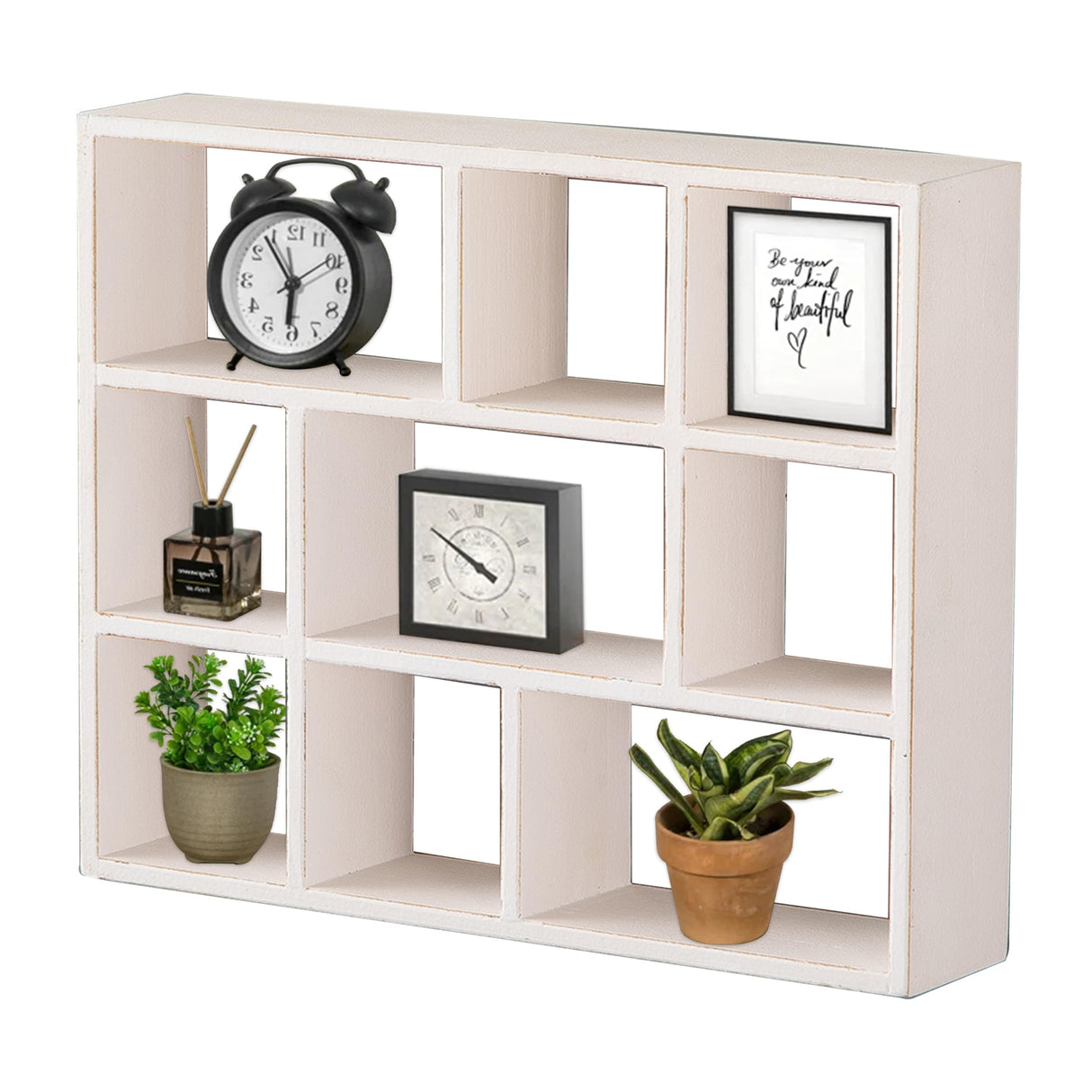 SOFE Small White Shadow Box with Shelves, Wall Shelving Unit 9-Compartments, Freestanding or Wall Mounted Curio Cabinet, Knick Knack Display Shelf, Wood Floating Cube Shelves for Wall, Collectibles SOFE