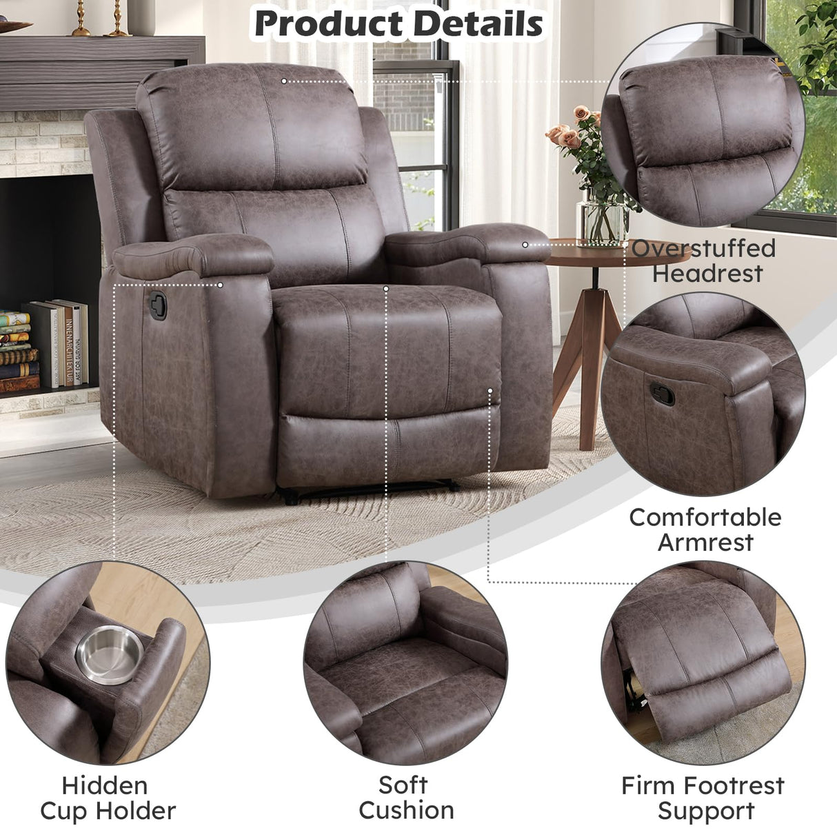 CANMOV Faux Leather Manual Reclining Sofa Furniture Set, Manual Recliner Chair, Manual Loveseat and 3 Seat Recliner Sofa Couch Set for Living Room,Grey CANMOV