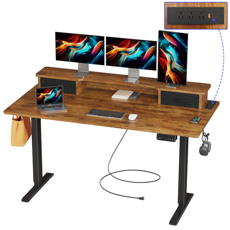 JOISCOPE 55 Inch Electric Standing Adjustable Height Desk with USB & Type-C Outlet, Home Office Computer Gaming Desk with Display Riser and Double Drawer, Sit Stand Desk, Vintage Oak JOISCOPE