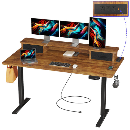 JOISCOPE 55 Inch Electric Standing Adjustable Height Desk with USB & Type-C Outlet, Home Office Computer Gaming Desk with Display Riser and Double Drawer, Sit Stand Desk, Vintage Oak - WoodArtSupply