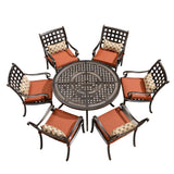 PURPLE LEAF 7 Pieces Outdoor Dining Set Cast Aluminum with 6 Armchairs and 47" Round Table, Cushion and Pillow Included, for Lawn Yard Garden Patio Dining Sets, Brick Red PURPLE LEAF