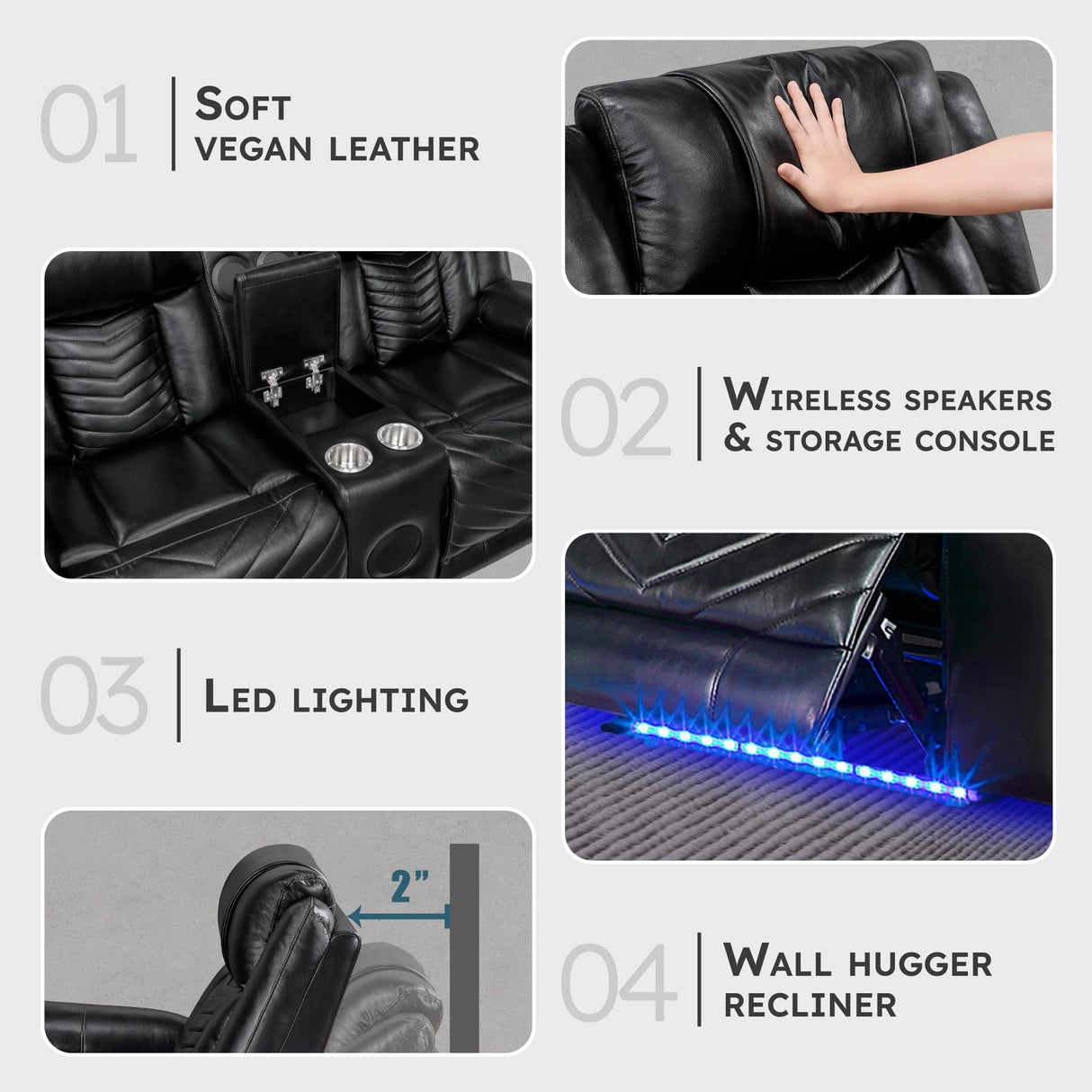 Lexicon Wall Hugger Power Double Reclining Loveseat with Console, Faux Leather Home Theater Seating with LED Lighting, Charging Ports, Bluetooth Speaker Wireless, Cup Holders, Hidden Storage, Black Lexicon