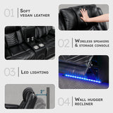 Lexicon Wall Hugger Power Double Reclining Loveseat with Console, Faux Leather Home Theater Seating with LED Lighting, Charging Ports, Bluetooth Speaker Wireless, Cup Holders, Hidden Storage, Black Lexicon