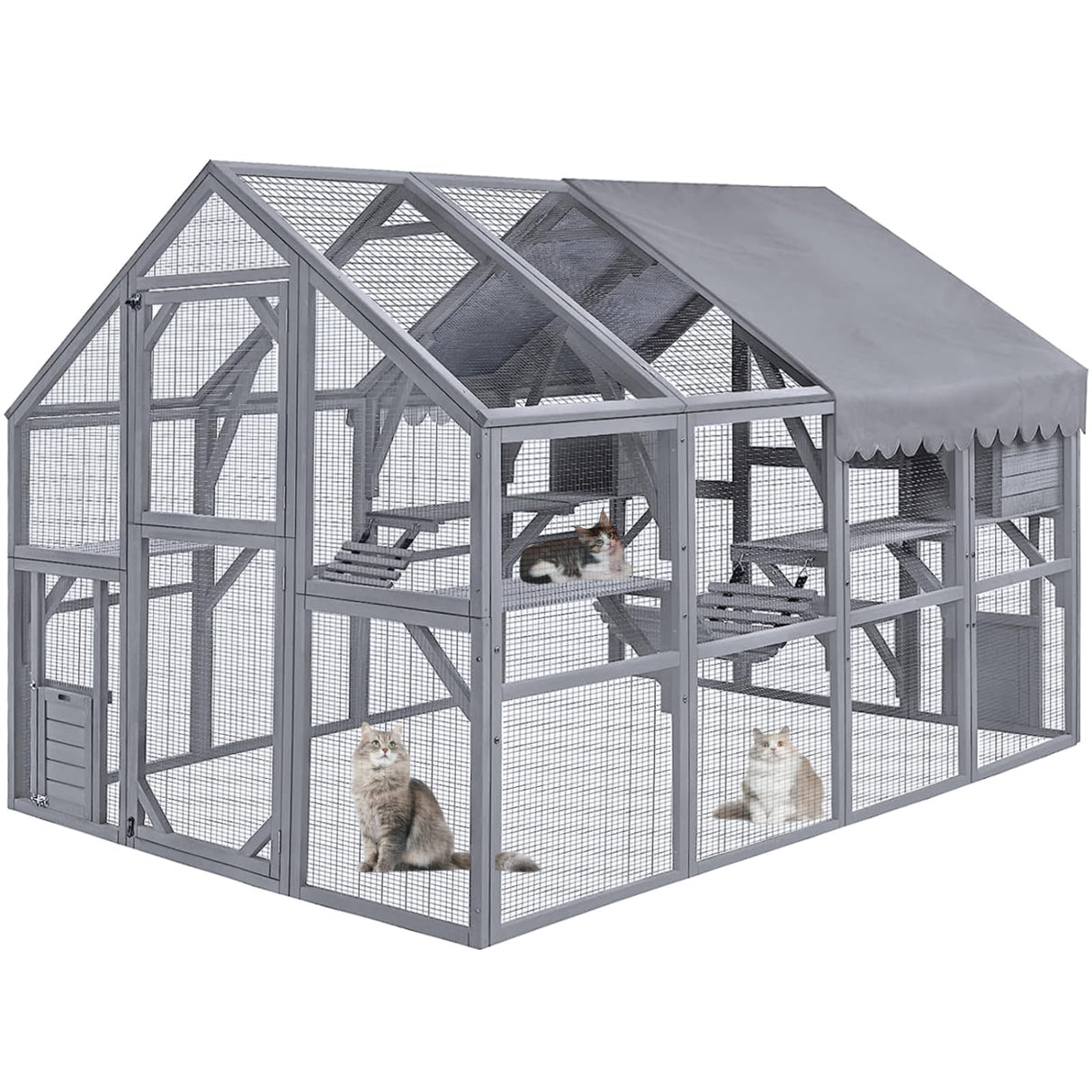 HYDRAGARDEN Large Catio Outdoor Cat House Enclosure Wooden Cat Cage Kitten Condo for Multiple Pets Walk in, with Bouncy Bridge, Platforms, Small Houses and Weatherproof Roof - 111”x74”x74” HYDRAGARDEN