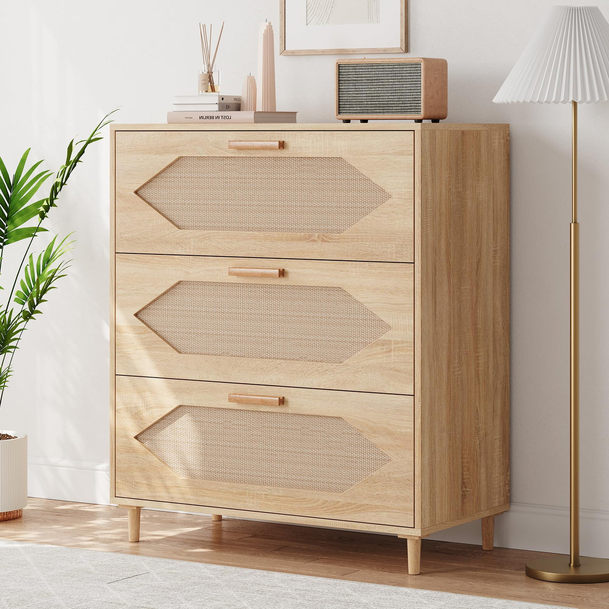 Dressers for Bedroom, 3 Drawer Rattan Dresser with Spacious Storage, Modern Wood Chest of Drawers, Rustic Oak Wooden Nightstand for Bedroom, Living Room, Hallway, Easy Assembly, Closet Organi GarveeLife