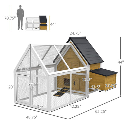 PawHut 65" Chicken Coop Wooden with Detachable Run, Outdoor Chicken House Poultry Cage Hen with Nesting Box, Removable Tray, Roosting Bars, Ramp, for Garden Backyard, Yellow - WoodArtSupply