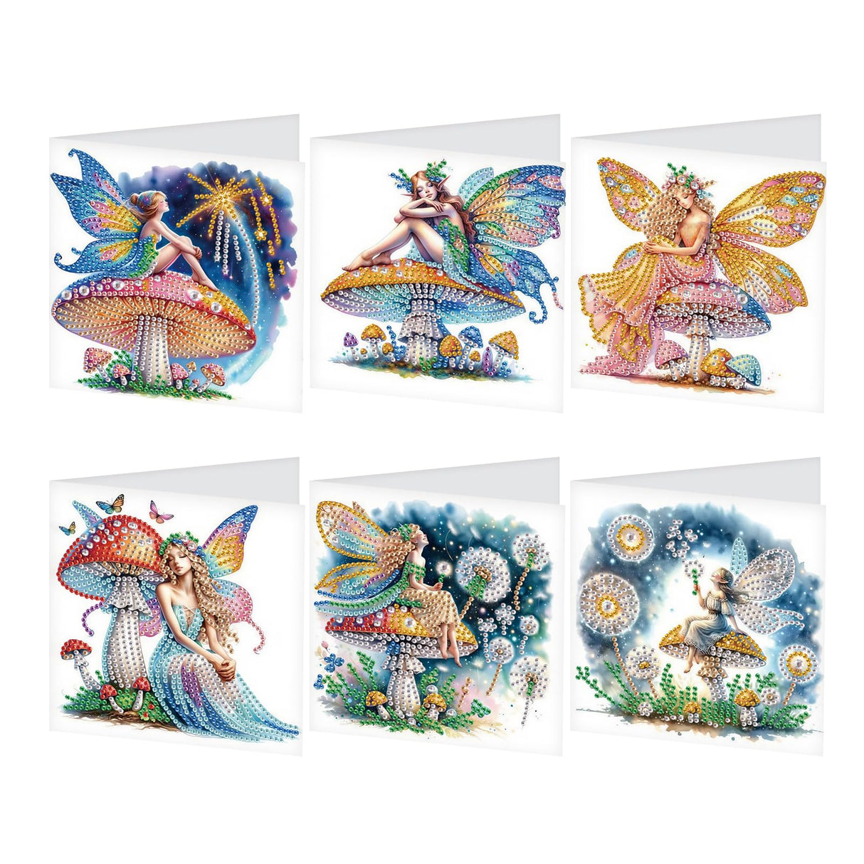 JISHSHAY 6 PCS Fairy Diamond Painting Greeting Cards Elf Diamond Art Birthday Cards with Envelopes Mushroom Gem Art Mosaic Kits for Adults, for Anniversary Valentine Thank You Graduation All Occasion JISHSHAY