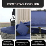 Outsunny 4 Piece Round Rattan Daybed, Convertible Patio Furniture Set, Adjustable Sun Canopy, Sectional Outdoor Sofa, 2 Chairs, Extending Tea Table Ottoman Chair, 3 Pillows, Dark Blue Outsunny
