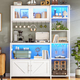 Itaar Bakers Rack with Power Outlet and LED Light, 45.3 Inch Farmhouse Coffee Bar Cabinet, Kitchen Microwave Stand with Storage, Glass Cabinet, Goblet Holder and 8 Hooks (White) Itaar