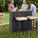 Patiomore 3-Piece Patio Outdoor Bar Set with Two Stools and Glass Top Table Patio Brown Wicker Furniture with Removable Cushions for Backyards, Porches, Gardens or Poolside Patiomore