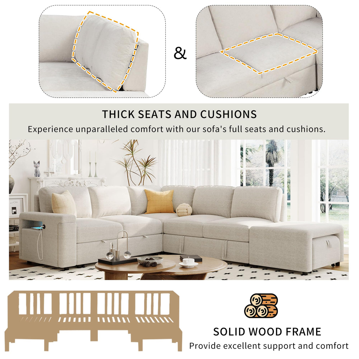 Merax L-Shaped Sectional Sofa with Removable Storage Ottoman, USB Ports and Cup Holder, Upholstered Modular Couch & Armrest, Free Combination Indoor Furniture for Living Room, Apartments, Beige Merax