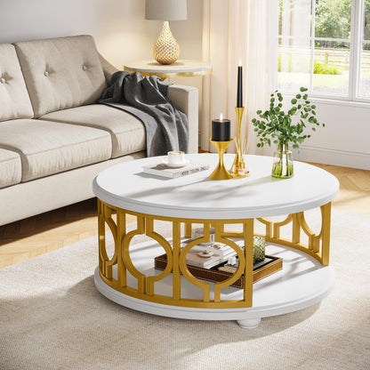 Tribesigns Round Coffee Table, 2-Tier Circle Coffee Table with Storage Shelf, Modern Center Table for Living Room & Office, White and Gold - WoodArtSupply