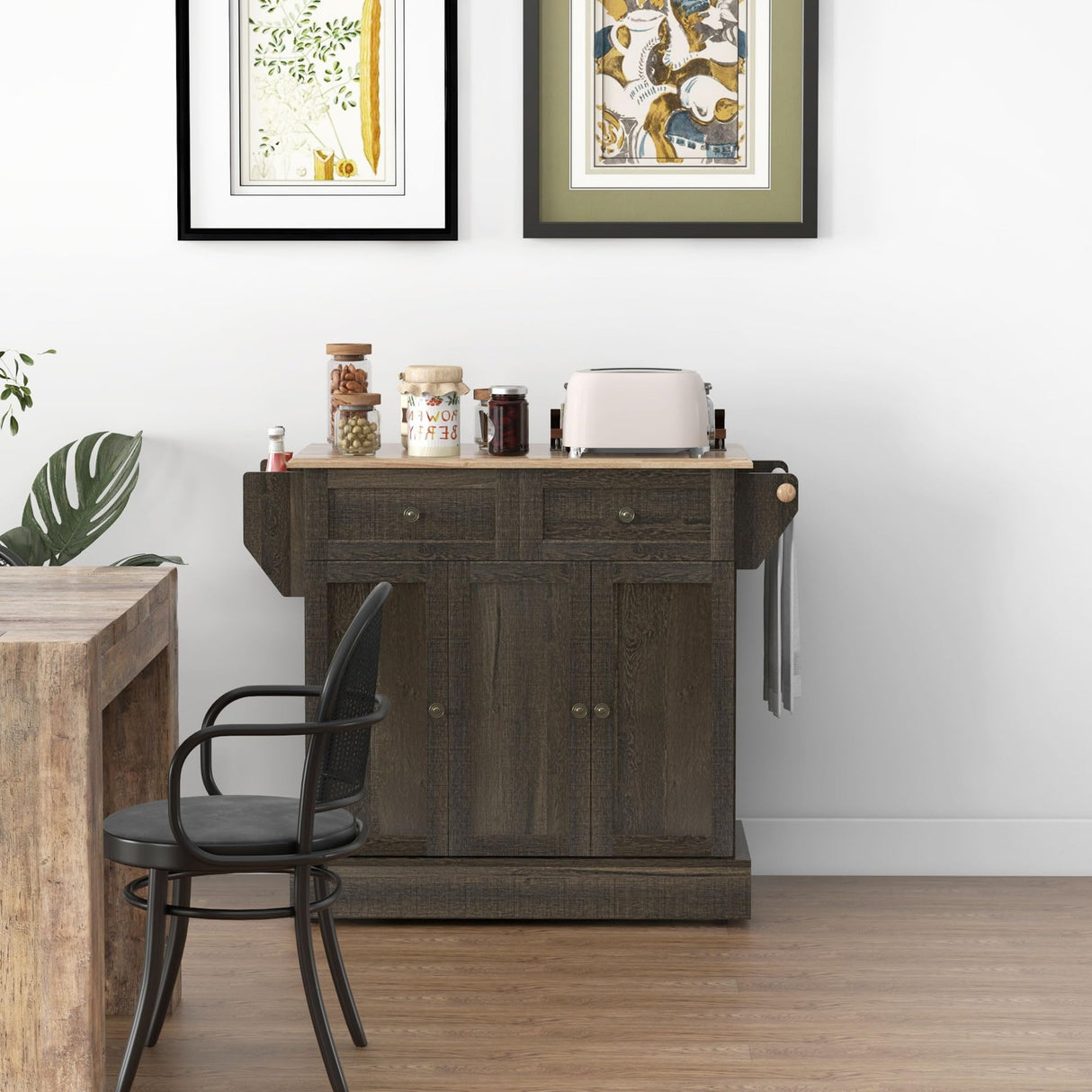 HOMCOM Triple-Cabinet Kitchen Island on Wheels, Kitchen Storage Cabinet with Drawers & Countertop, Rolling Utility Cart with Wood Top, Towel Rack, Spice Stand, Distressed Brown HOMCOM