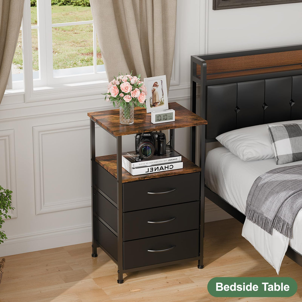 Dicasser Nightstand with Drawers, Bedside Table with Open Shelf, Nightstand with LED, Small Side Table for Small Spaces, Night Stand Storage Shelf for Bedroom, Brown and Black Dicasser