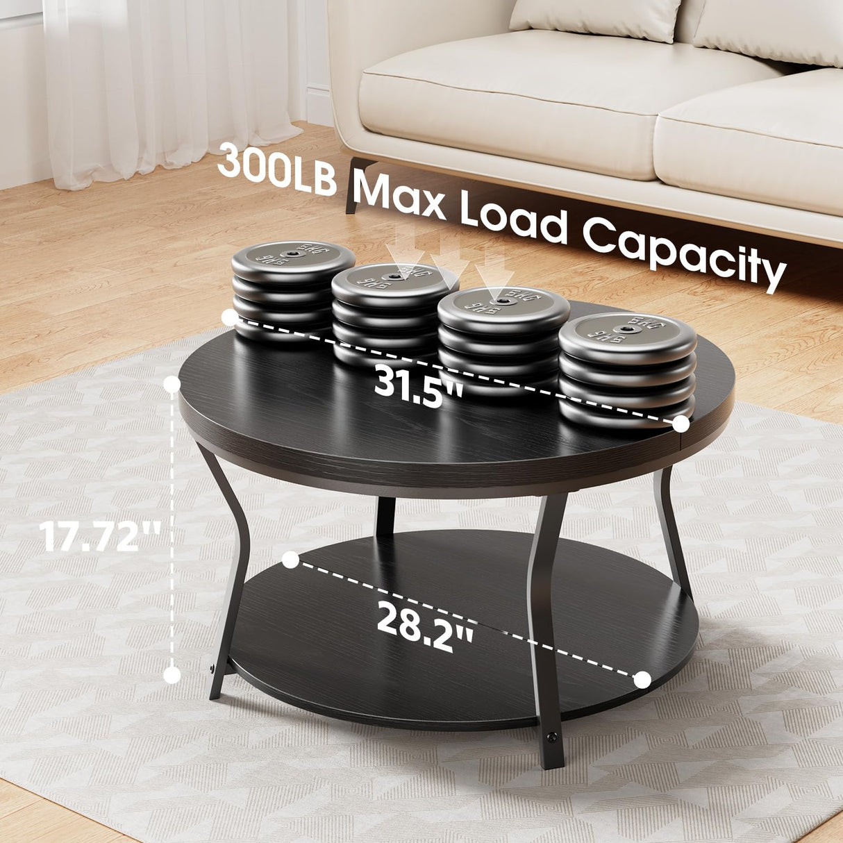 Round Coffee Table, Circle Wood Coffee Tables for Living Room, 2 Tier Industrial Modern Center Table with Thickened Tabletop and Metal Frame, 31.5 inch (Black) AntsandAnts