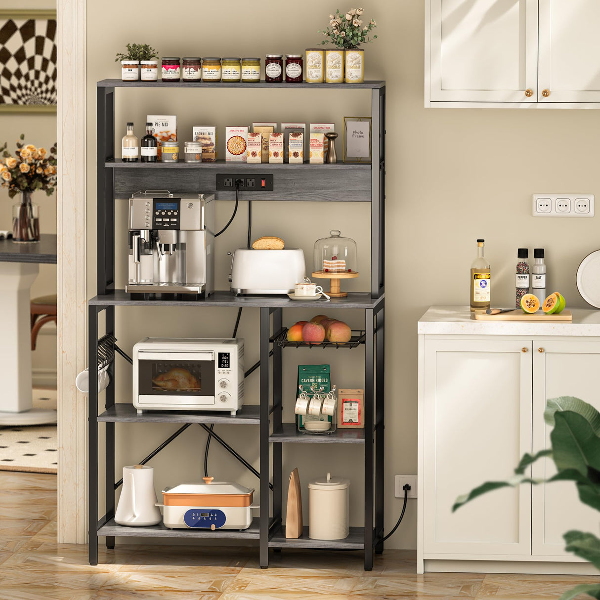 SUPERJARE Bakers Rack with Power Outlet, 35.4 Inches Coffee Bar with Wire Basket, Kitchen Microwave Stand with 6 S-Shaped Hooks, Open Storage Shelves, Charcoal Gray SUPERJARE