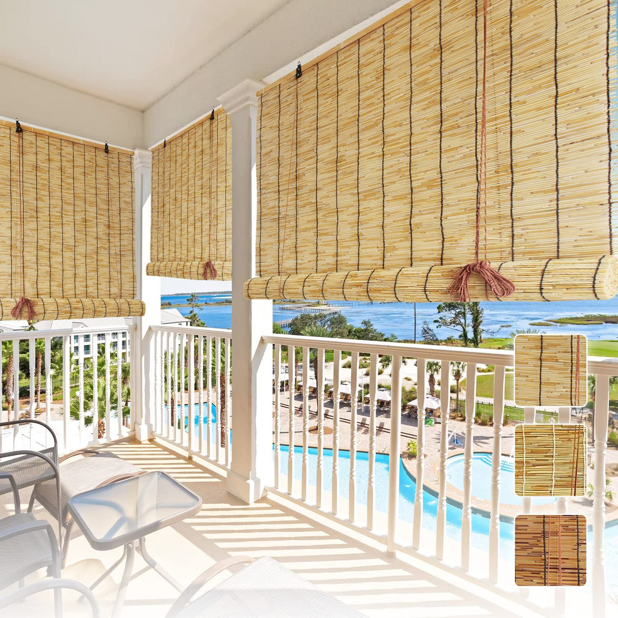 Lsjoaw Roll Up Reed Shade 40x96in (WxH)/102x244CM Outdoor Bamboo Shades Blinds Patio Blinds Roman Roller Blinds Curtain with Lifter Porch Window Privacy Natural Black Line Lsjoaw