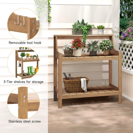 ONBRILL Potting Bench Table, HDPS Potting Bench with 4 Side Hooks, All-Weather Garden Table Work Station, Outdoor Potting Table for Porch, No Rust, No Fade, No Break, 360lbs Capacity (Teak, Large) ONBRILL