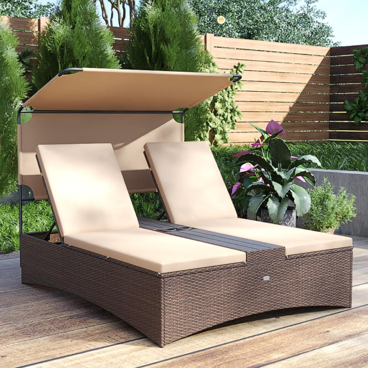 Tangkula Outdoor Rattan Daybed with Canopy & 4-Level Adjustable Backrests, 2-Person Wicker Patio Day Bed with Cushions, Table & Cup Holders, Double Sunbed Lounger for Balcony, Backyard & Poolside Tangkula