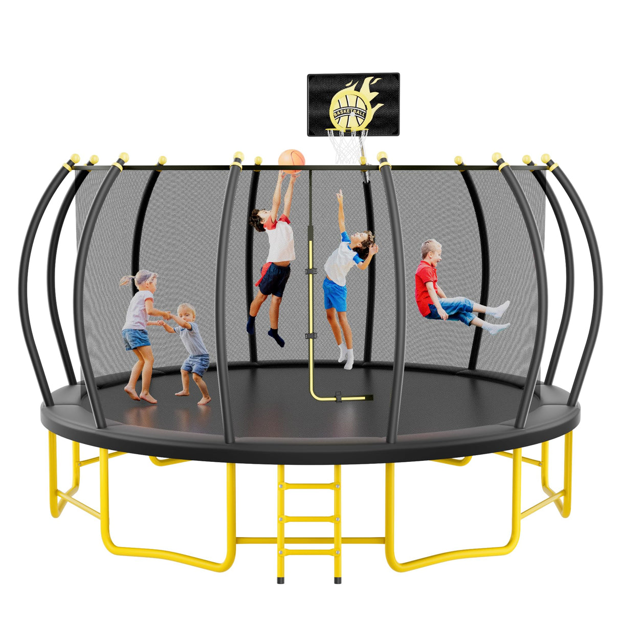 16FT Pumpkin Trampoline with Enclosure Net,Recreational Trampolines for Adults with Jump Game and Galvanized Steel Frame,Outdoor Trampoline with Ladder,Straight Poles Backyard Fun,Black+Yellow TRIPLE TREE