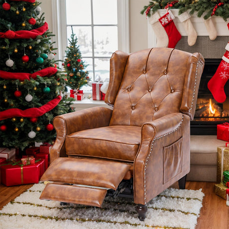 B BAIJIAWEI Massage Recliner Wingback Chair with Heat, Tufted Fabric Armchair, Push Back Recliner with Remote Control, Adjustable Backrest & Heating Function for Living Room (Pu Brown) B BAIJIAWEI