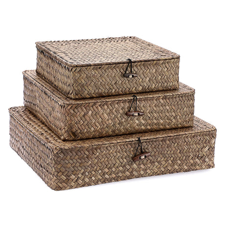 Hipiwe Flat Wicker Basket Bins with Lid - Set of 3 Handwoven Seagrass Storage Basket Shelf Baskets Boxes Multipurpose Home Organizer Bins Boxes for Shelf Pantry Closet,Large Size 14.8"x13" Coffee Hipiwe