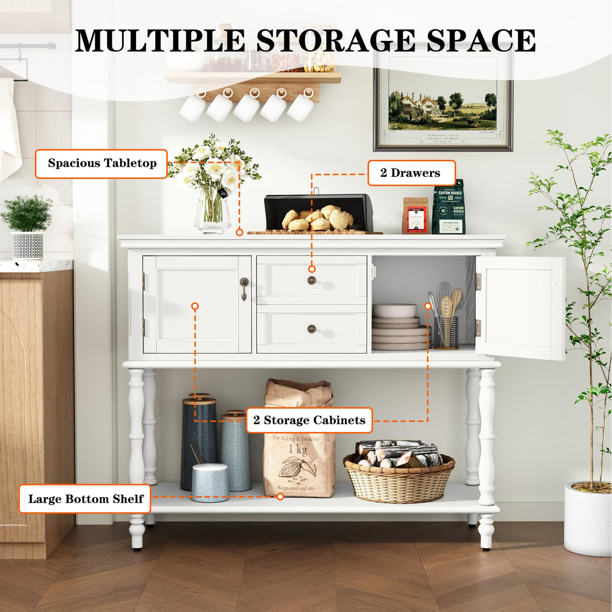 ARTPOWER Console Table with 2 Drawers, Retro Entryway Table with 2 Door Cabinets and Open Storage Shelf, Narrow Long Sofa Table, Behind Couch Table for Living Room, Foyer and Hallway, Antique White ARTPOWER