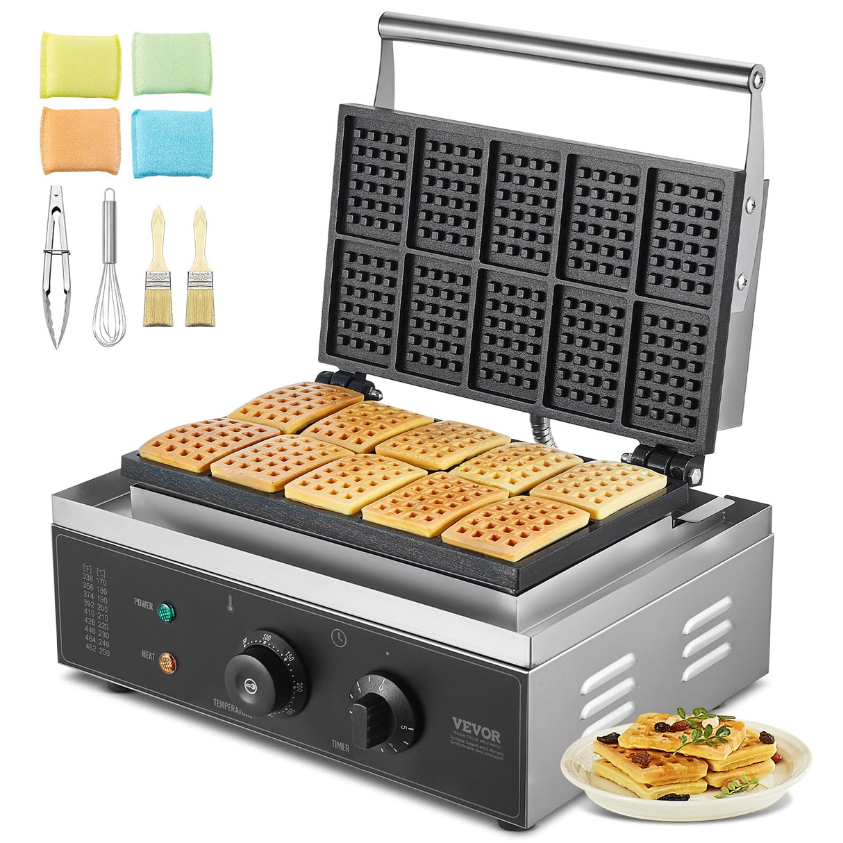 VEVOR Commercial Waffle Maker, 10PCS Rectangle Waffle Baker Machine, 1550W Non-Stick Stainless Steel Belgian Waffle Iron with Temp and Time Control, Handle, for Restaurant Bakery Snack Bar Family VEVOR
