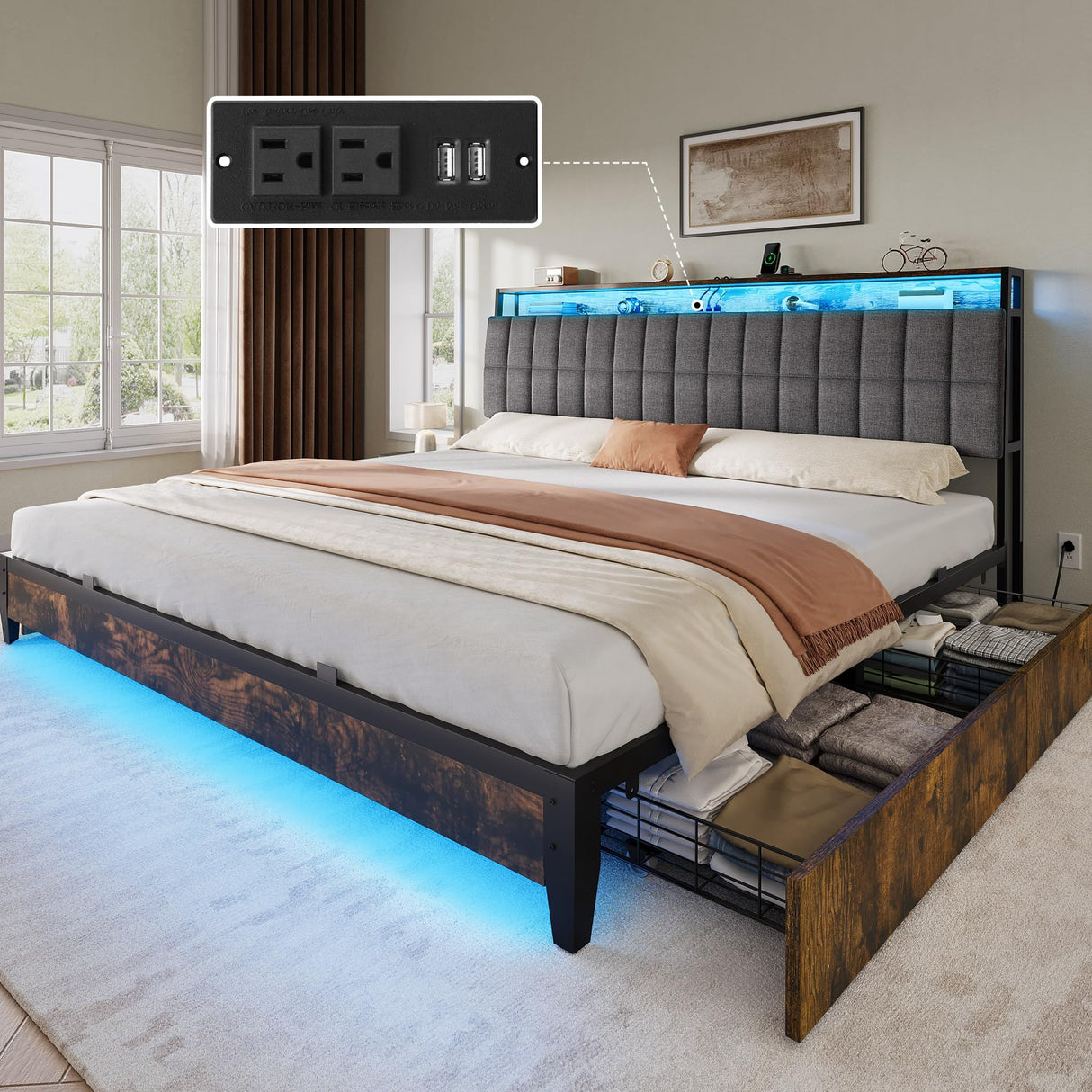YITAHOME King Size Bed Frame with RGB LED Lights and 4 Drawers, Upholstered Platform Bed with Charging Station and Storage Headboard, No Box Spring Needed, Noise-Free, Fast Assembly, Rustic Brown YITAHOME