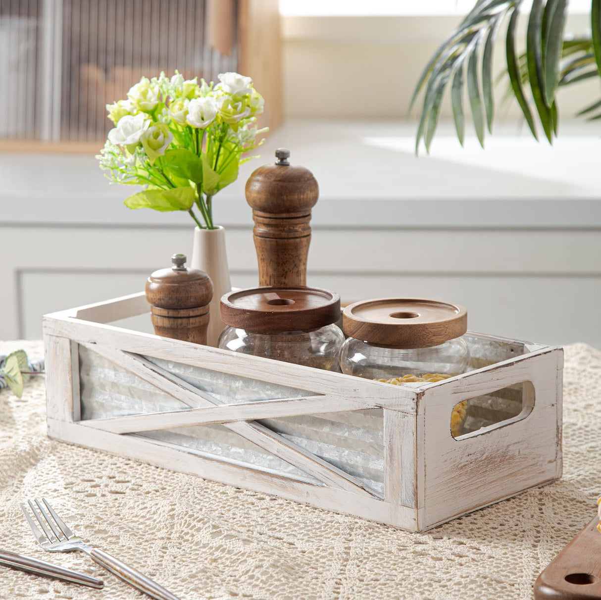 Venalys Wooden Toilet Tank Basket, Rustic Bathroom Decor Box, Farmhouse Toilet Paper Organizer Holder, Decorative Bathroom Storage Basket, Barn Door (Whitewash) Venalys