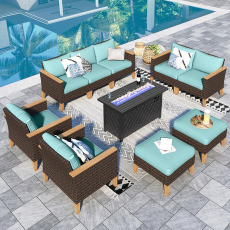 Sophia & William Patio Furniture Set with Fire Pit Table, 10 Piece Outdoor Wicker Furniture Sectional Sofa, Extra Large Patio Rattan Conversation Set with Ottoman & 45" Fire Pit Table(Aqua Blue) Sophia & William