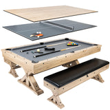 Freetime Fun 7 FT 3 in 1 Multi Game Pool Table with Dining Top Pool Table Ping Pong Table Combo with Dual Storage Bench Seating, Rustic Oak Freetime Fun