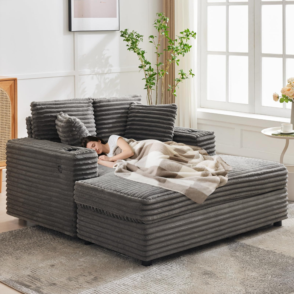 GarveeHome Oversized Chaise Lounge Chair Indoor, Comfy Corduroy Lounge Sofa with Charging Station, Cup Holders & Throw Pillows, Cozy Sleeper Couch for Living Room Apartments, Grey GarveeHome