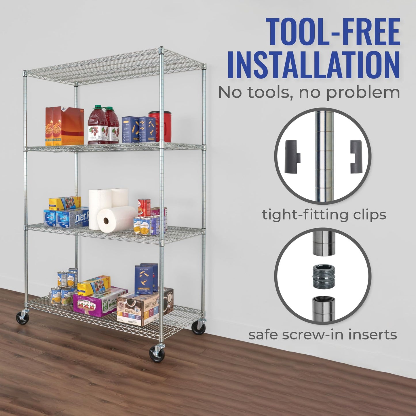 SafeRacks NSF Certified Storage Shelves, Heavy Duty Steel Wire Shelving Unit with Wheels and Adjustable Feet, Used as Pantry Shelf, Garage or Bakers Rack Kitchen Shelving - (24"x48"x72" 4-Tier)