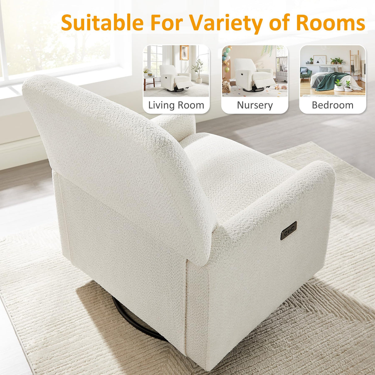 VANOMi Power Swivel Glider Recliner Chair, Electric Nursery Rocker Recliner Chair, USB & Type-C Charger, Boucle White VANOMi
