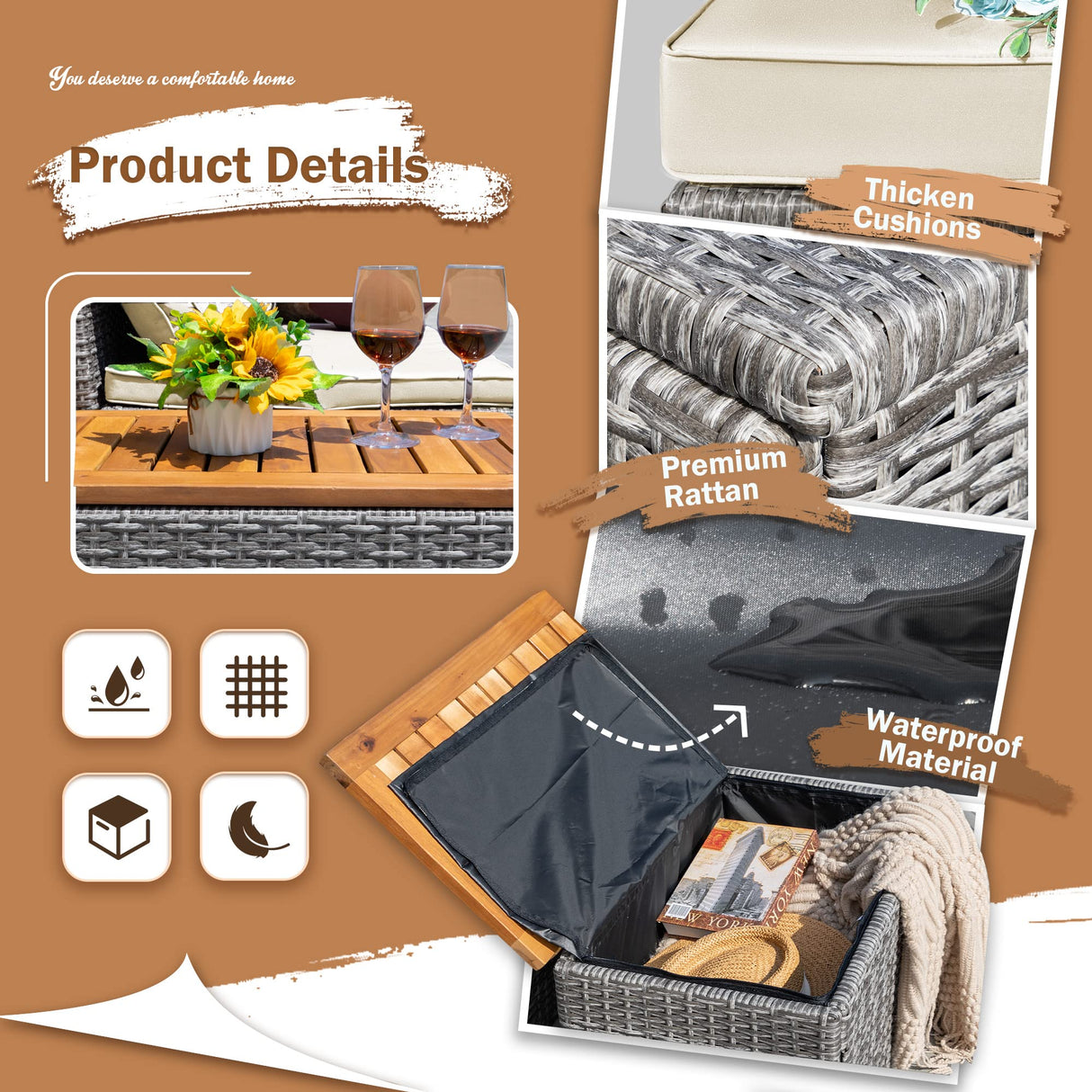 Devoko Outdoor Daybed Set Multifunctional Patio Day Bed Rattan Lounge Bed with 2 Side Tables for Backyard Porch Poolside Lawn Beach (Beige White) Devoko