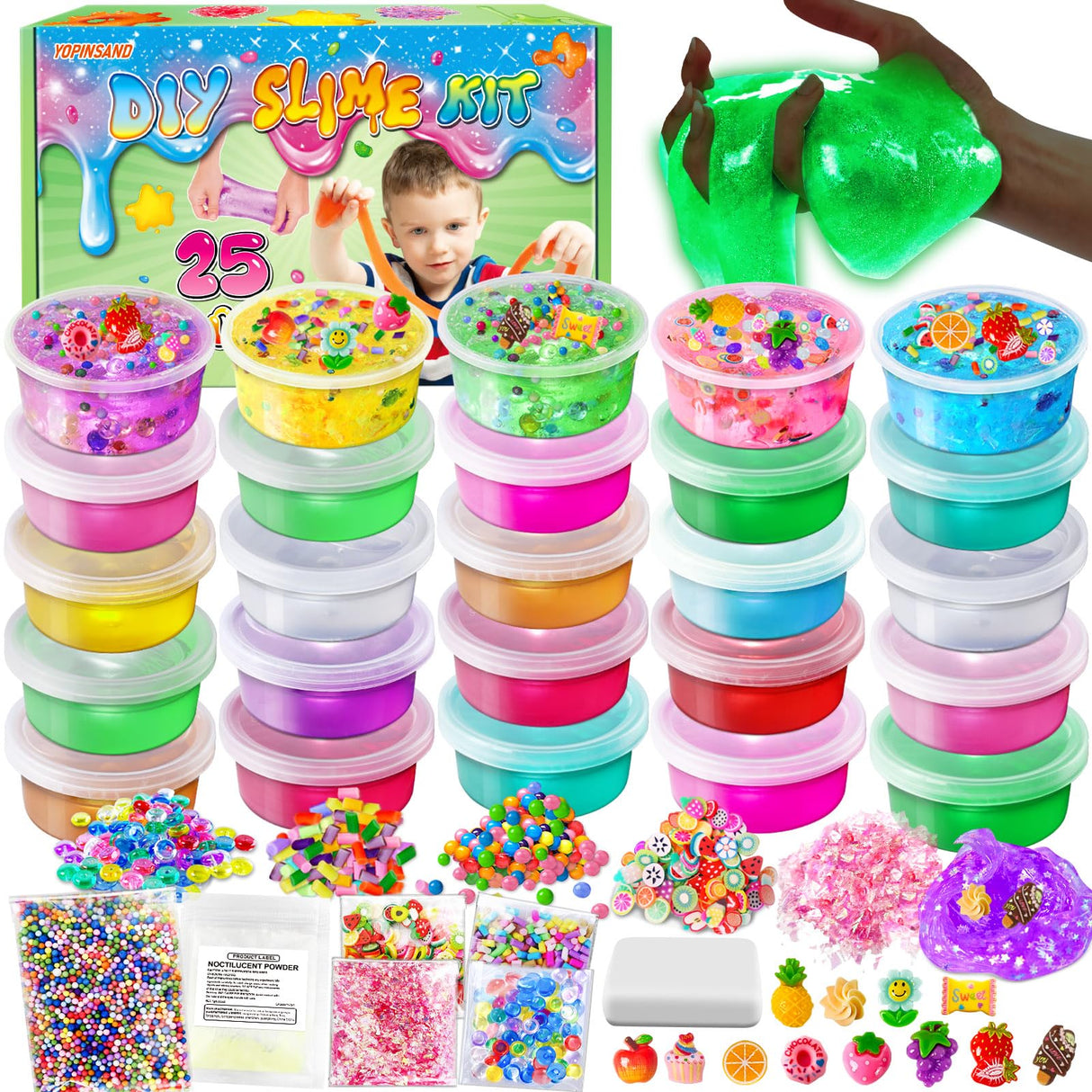 YOPINSAND 25 Cups DIY Slime Kit, Slime Making Kit for Girls, Crystal Clear Slime, Glow in The Dark Slime with Add-ins, Foam Balls, Charms, Slime Party Favors Gift Toys for Kids 3-12 YOPINSAND