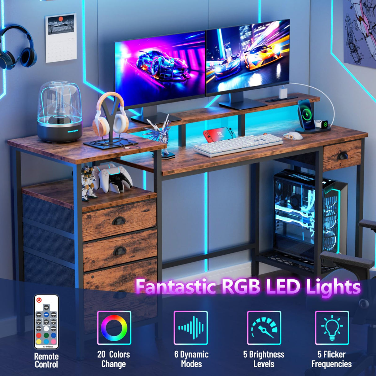 Furologee Computer Desk with Drawers, 60" Office Long Desk with Fabric File Cabinet and Power Outlets, Gaming Desk with LED Lights, Study Writing Work Desk for Home Office, Rustic Brown Furologee