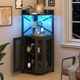 Lafnest Corner Bar Cabinet with Power Outlet and LED Light, Industrial Wine Cabinet with Glass Holder, 4-Tier Liquor Cabinet for Home, Farmhouse Home Bar for Liquor and Wine Storage, Black Lafnest