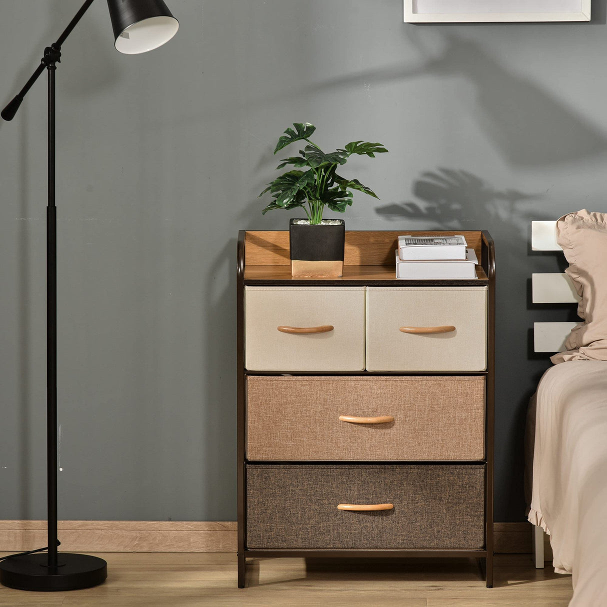 HOMCOM 4-Drawer Dresser, Fabric Chest of Drawers, 3-Tier Storage Tower with Steel Frame and Wooden Top for Bedroom, Nursery Room, Multicoloured HOMCOM