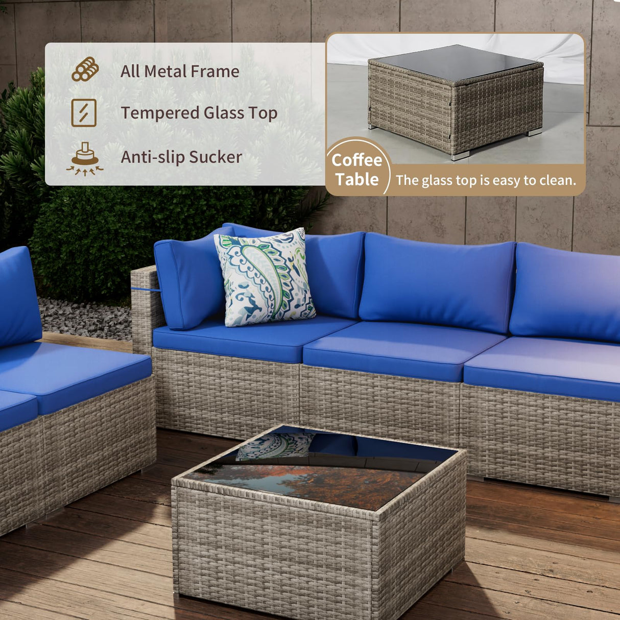 Tradare 7 Piece Patio Furniture Set, Outdoor Wicker Patio Sofa Set, PE Rattan Sectional Couch with Glass Table and Blue Cushions, All-Weather 7 Piece Outdoor Patio Furniture Sets, Grey Tradare
