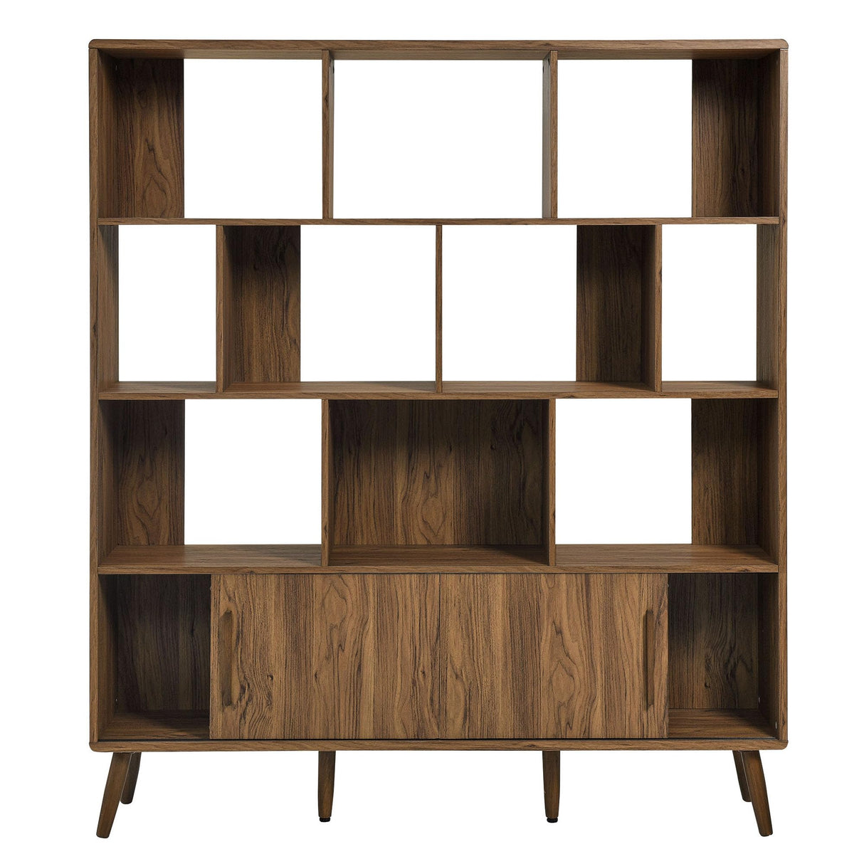 Modway Transmit 14 Shelf Bookcase with Sliding Doors in Walnut - 59 Inch Wood Mid-Century Modern Bookshelf - 4 Tier Wide Open Display Storage Cabinet for Living Room, Office, Hallway Modway